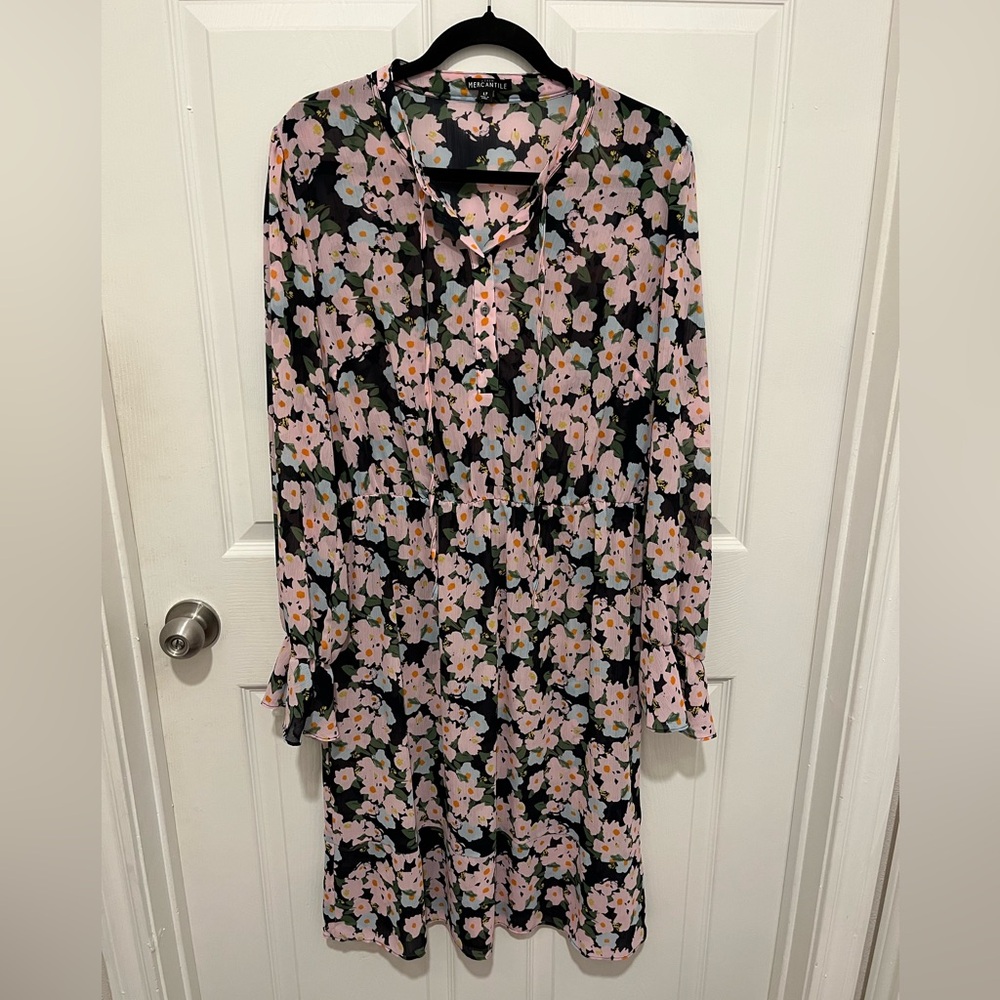 J Crew Mercantile Pink Floral Long Sleeve Drapey Midi Dress Size LT